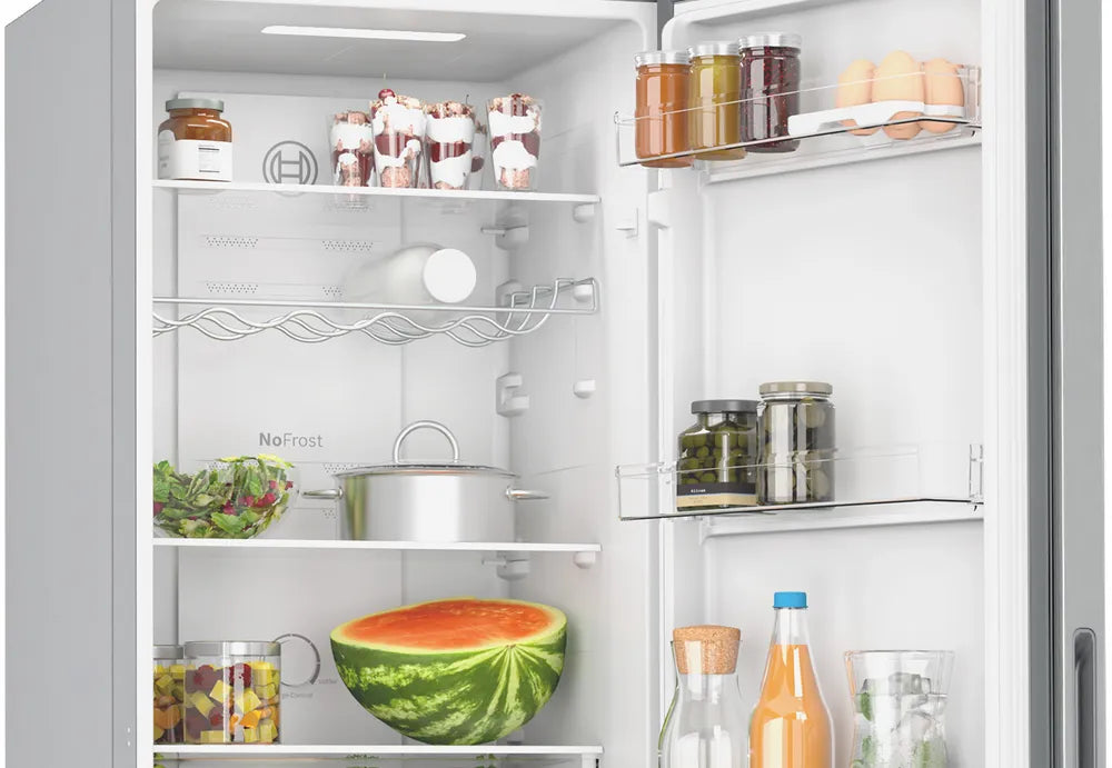 Free-standing fridge-freezer with freezer at bottom 182.4 x 55 cm Stainless steel look