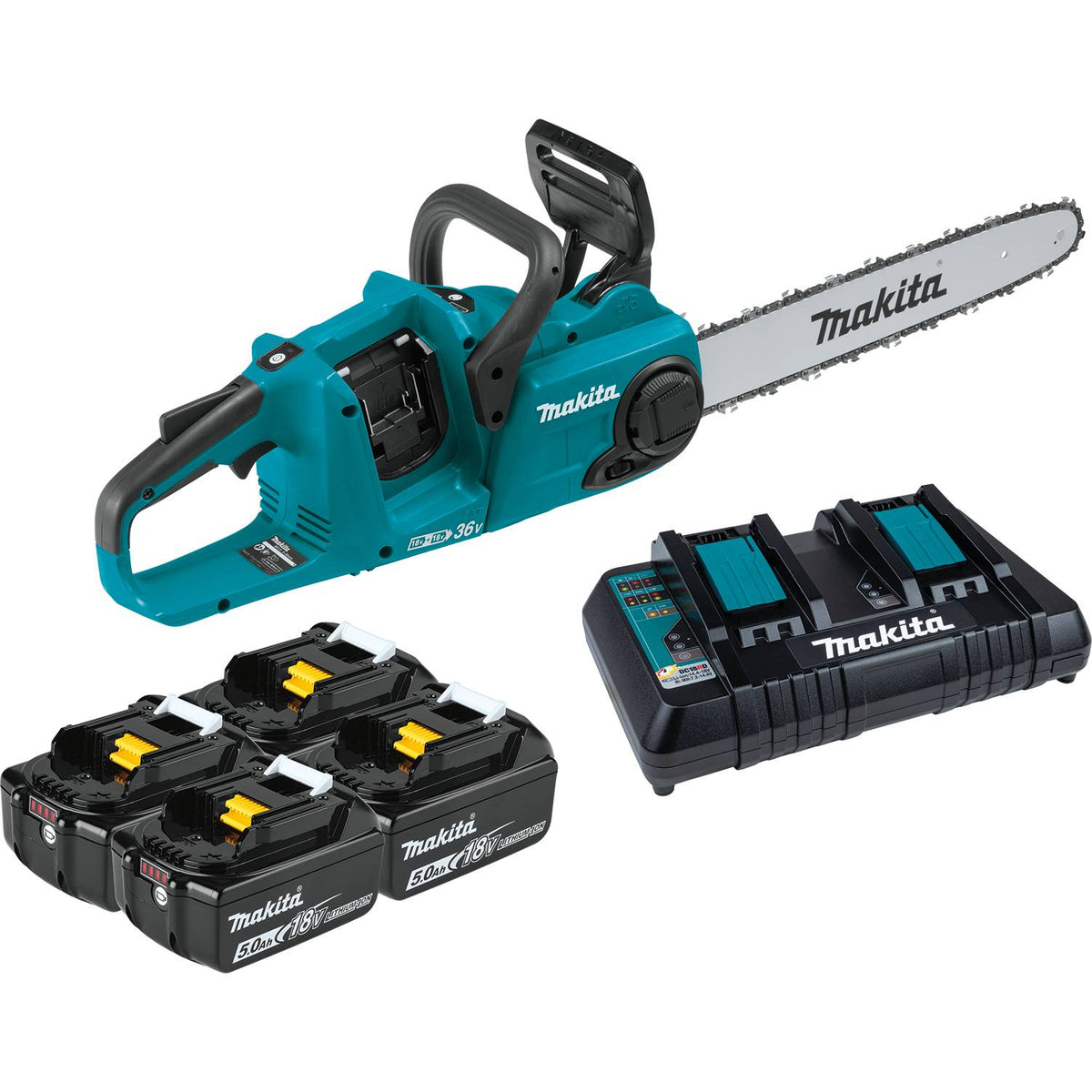 Makita XCU04PT 36V (18V X2) LXT Brushless 16" Chain Saw Kit with 4 Batteries (5.0Ah)