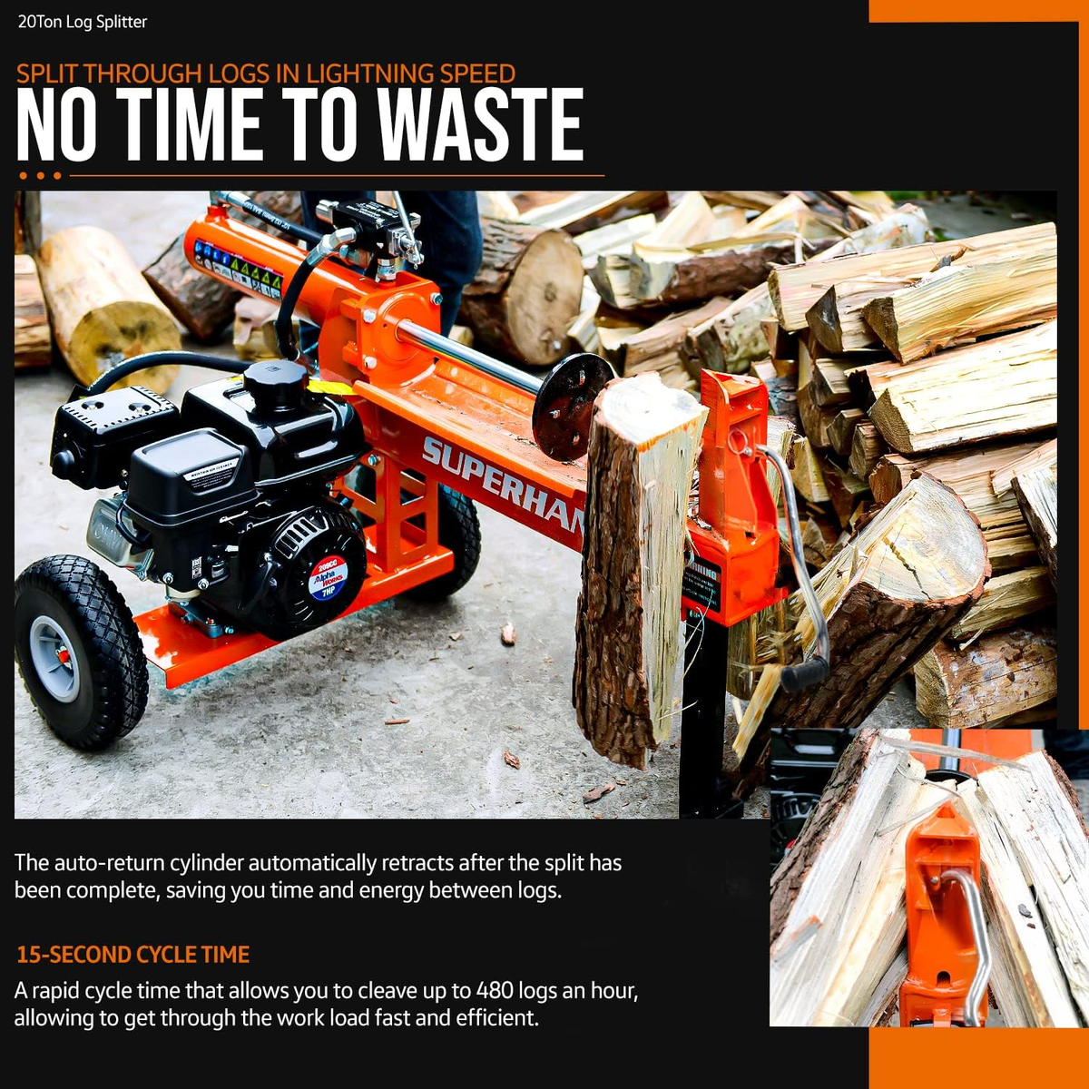 SuperHandy Log Splitter, 20 Ton, Gas Powered 7 HP Engine, Automatic Wood Splitting Wedge Machine