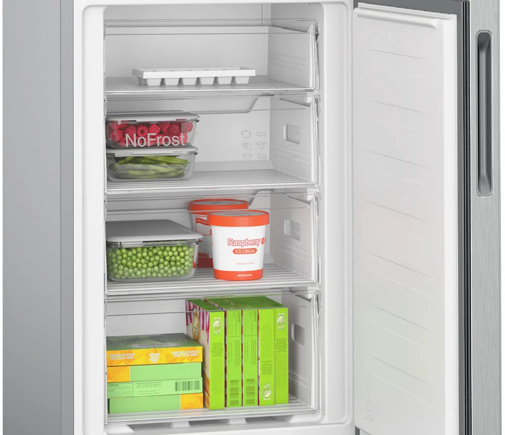 Free-standing fridge-freezer with freezer at bottom 182.4 x 55 cm Stainless steel look