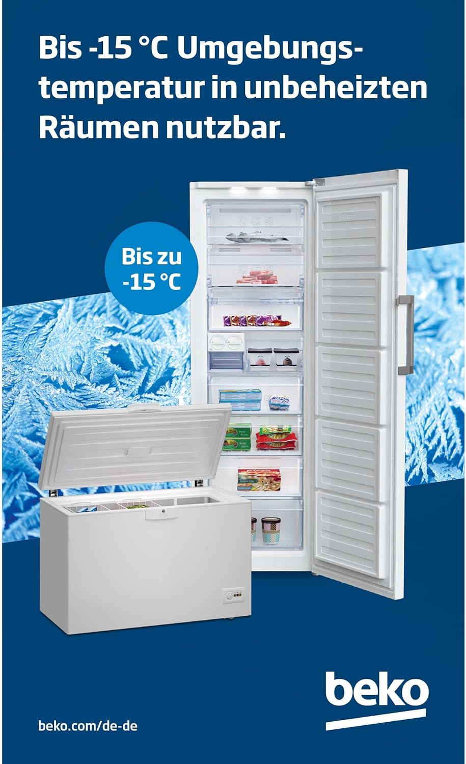 Beko HSM27050 Freezer, Freezer, 284 L Usable Volume, 2 Freezer Baskets, Temperature Alarm, Lockable, LED Display System, Interior Lighting, 36 dB (A), Transport Wheels, White [Energy Class D]