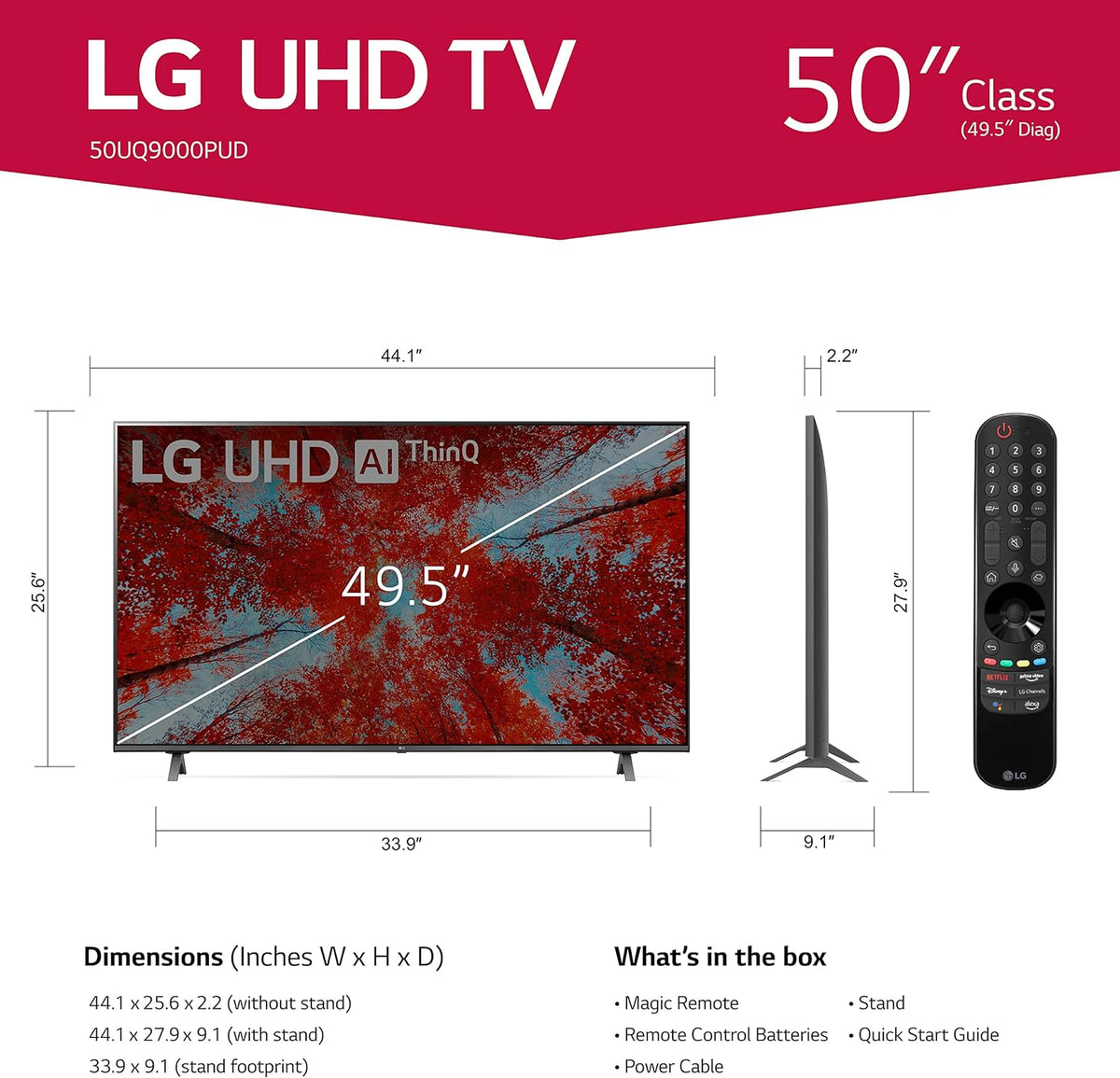 LG 50-Inch Class UQ9000 Series Alexa Built-in 4K Smart TV (3840 x 2160), 60Hz Refresh Rate, AI-Powered, Cloud Gaming (50UQ9000PUD, 2024)