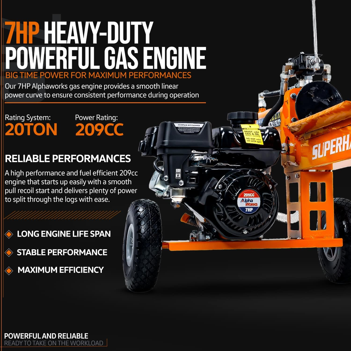 SuperHandy Log Splitter, 20 Ton, Gas Powered 7 HP Engine, Automatic Wood Splitting Wedge Machine